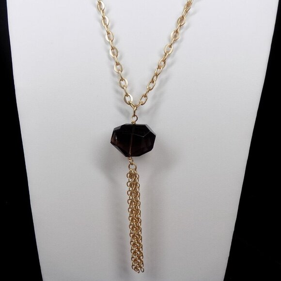 For BR Aureus + Argent Big Brown Stone Pendant Necklace Tassel 28" Gold-tone - Picture 2 of 9